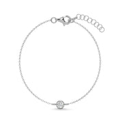 Round bezel natural diamond bracelet in white gold, shown from the back with clasp and extender chain.